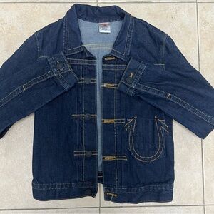 True Religion Women Cotton Denim Trucker Jacket Size Medium Dark Blue Piper Logo